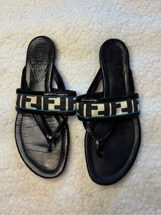 Fendi Shoes - Fendi Women Black Zucca Leather FF Logo Canvas Thong Sandals